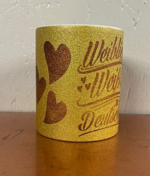 Glitzer Tasse - gold - weiblich weiß deutsch